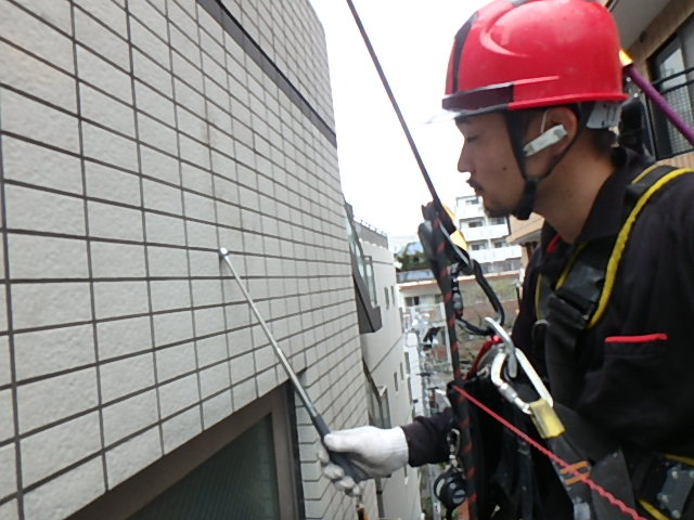 東京都渋谷区Sマンション：外壁タイル打診調査(無足場工法)